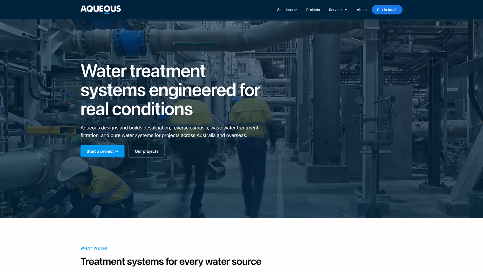 Aqueous redesigned homepage hero for water treatment systems engineered for real conditions.