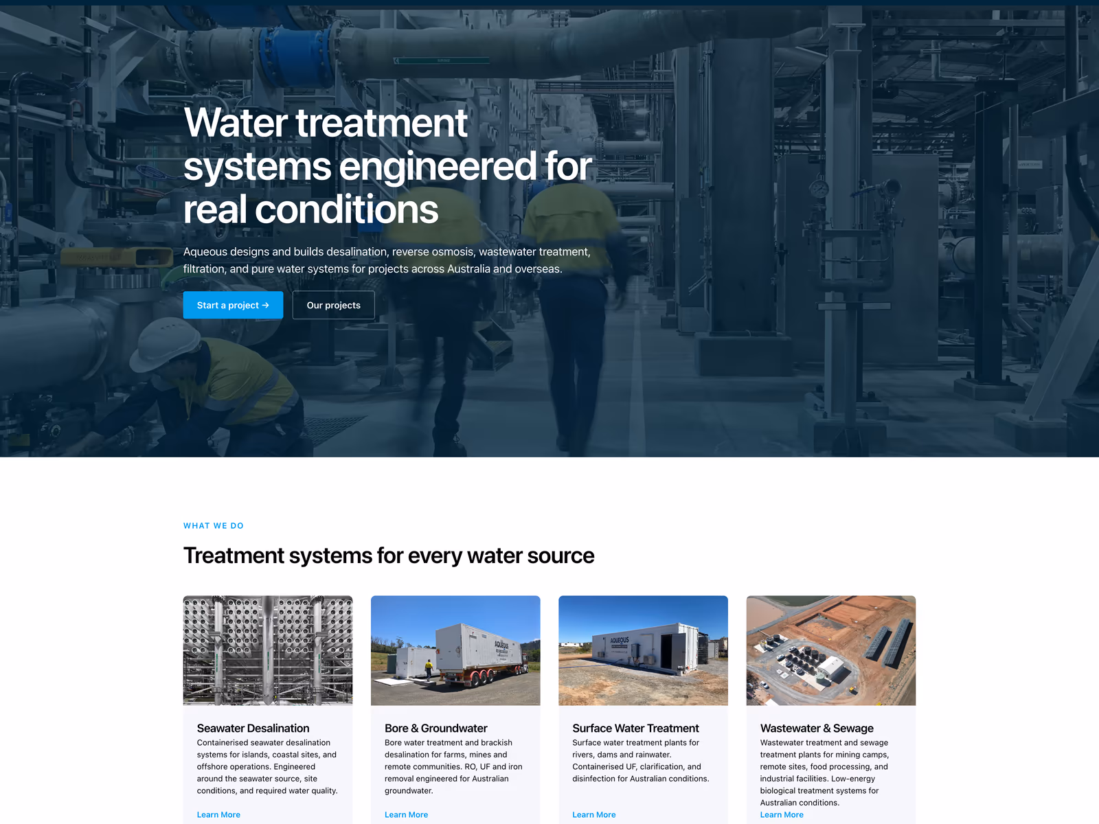 Aqueous homepage hero with a water treatment systems message over industrial plant imagery.