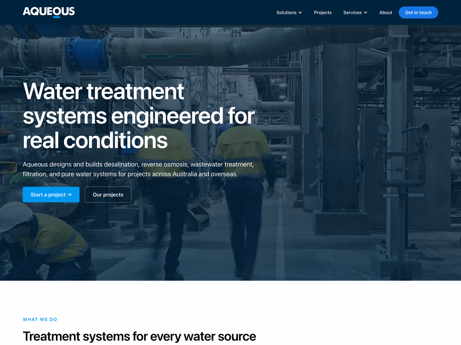 Aqueous top navigation with direct paths to solutions, projects, services, and contact.