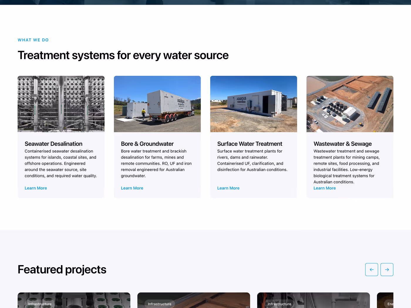 Aqueous homepage solution cards helping customers choose by water source and treatment need.