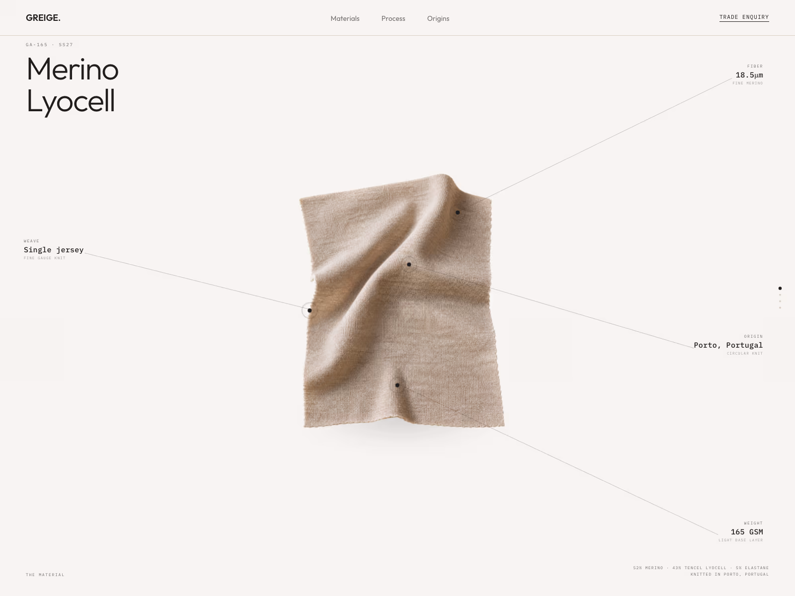 GREIGE product page section showing the annotated Merino Lyocell material.