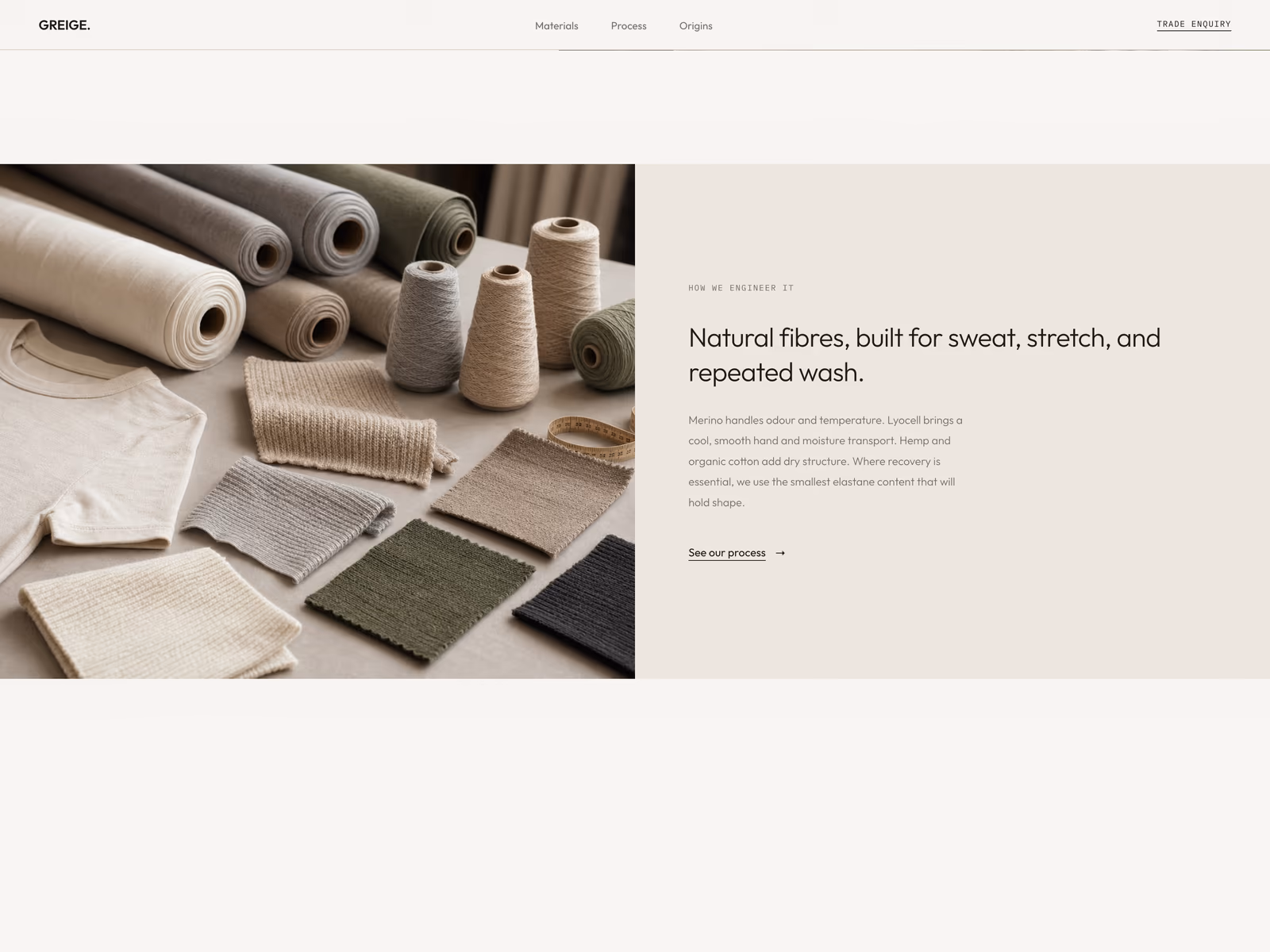 GREIGE homepage section showing natural fibres built for sweat, stretch, and repeated wash.