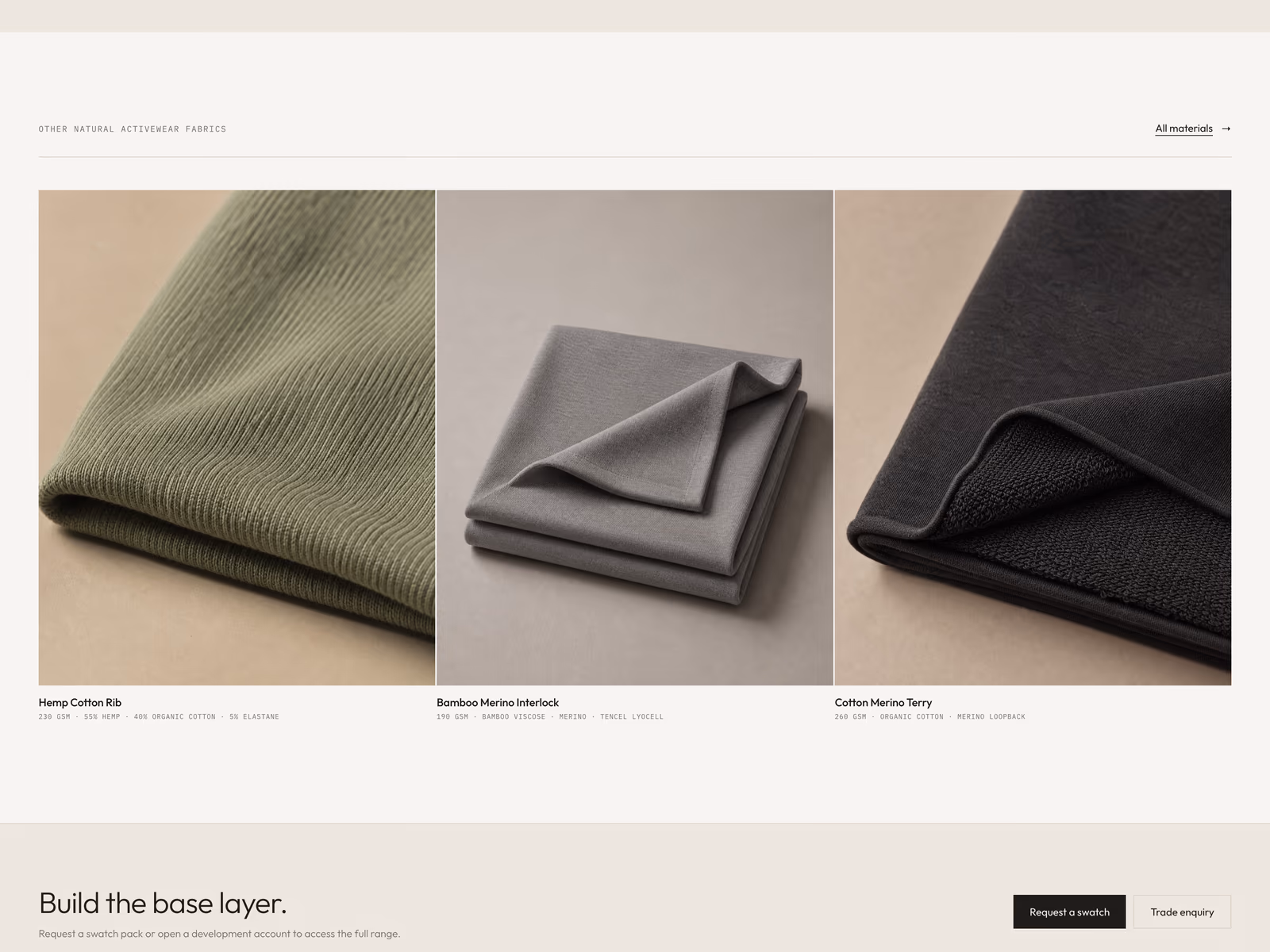 GREIGE product page section showing other natural activewear fabric options.