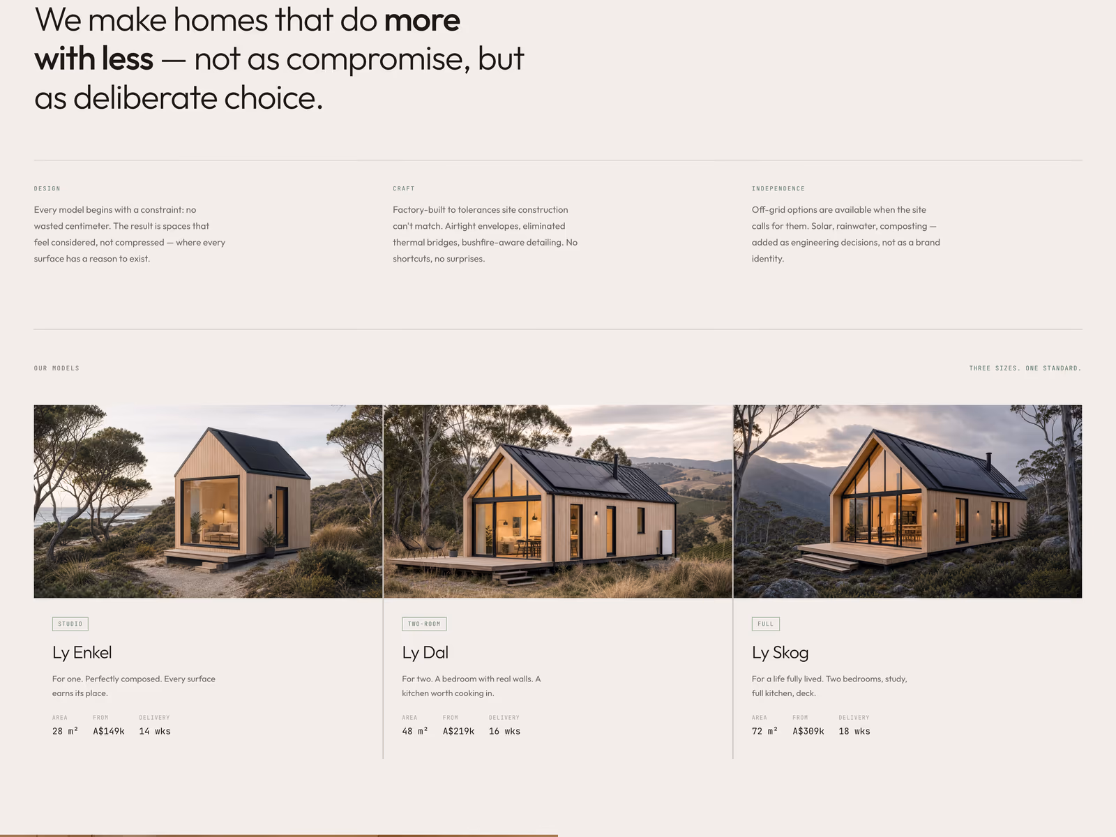 TinyHome homepage section showing the positioning statement and three home model cards.